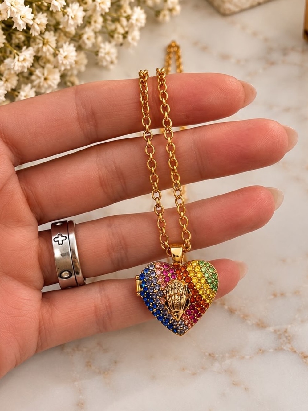 Kurt Geiger Gold Multicolor Crystal Heart Pendant Necklace